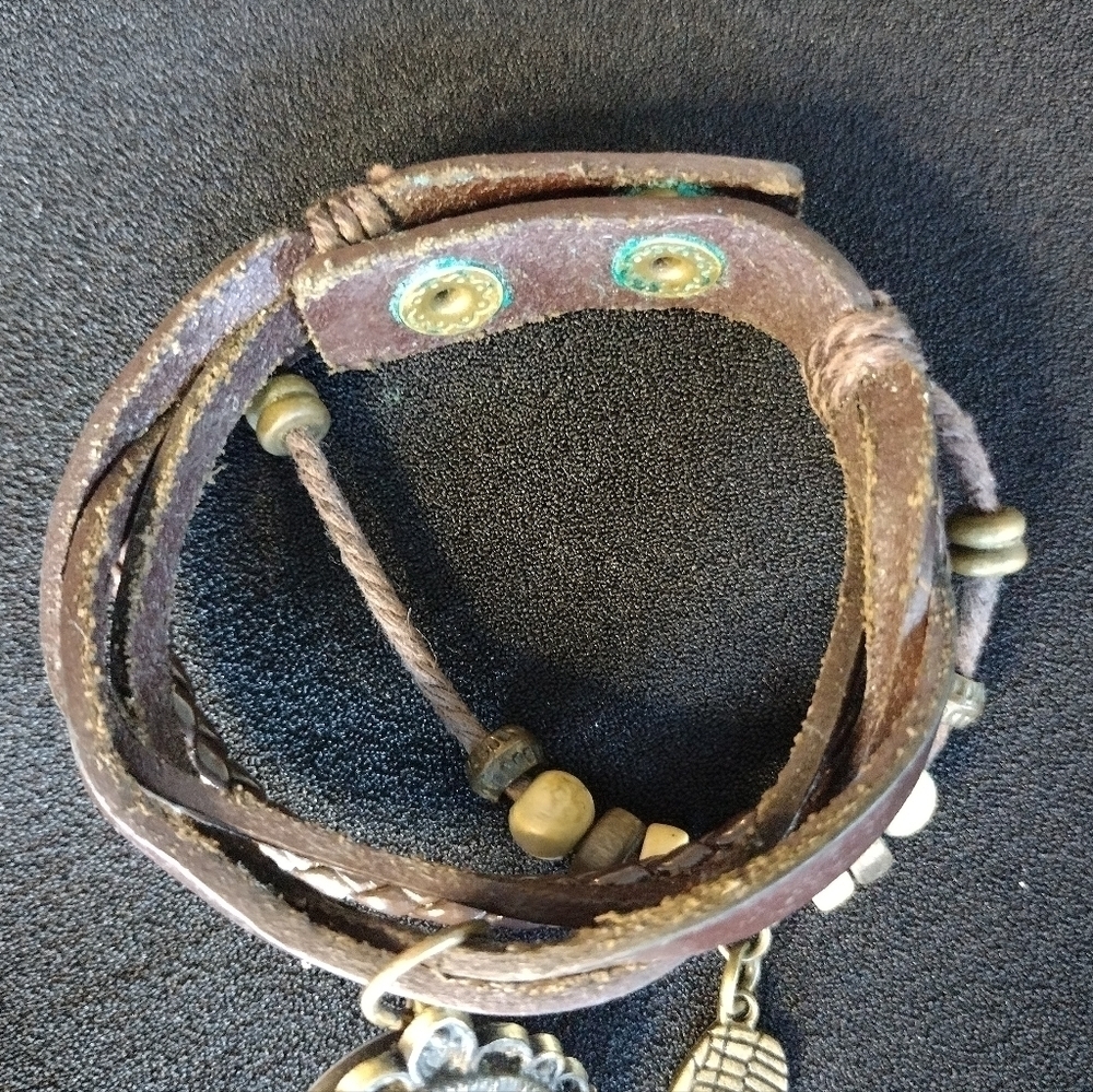 Vintage Boho Beaded Brown Leather Wrap Watch - Picture 7 of 9